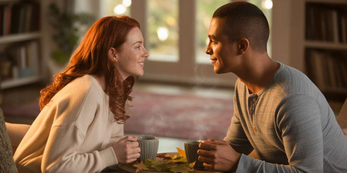 Couple making eye contact while sitting together — showing emotional presence.