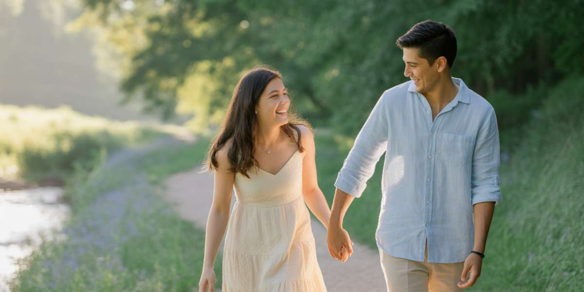 Couple walking and laughing on a trail — demonstrating emotional attunement.